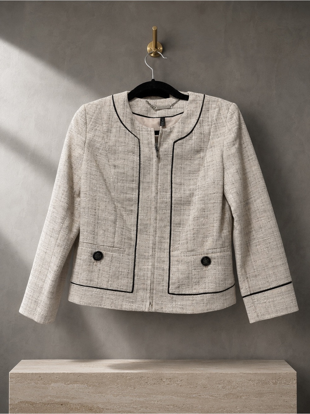 White House Black Market Cream Tweed Jacket with Black Trim